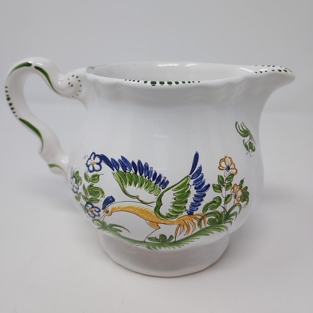 Moustiers France Faience Small Pitcher Jug Bird Floral Hand Painted 4.5" Vintage